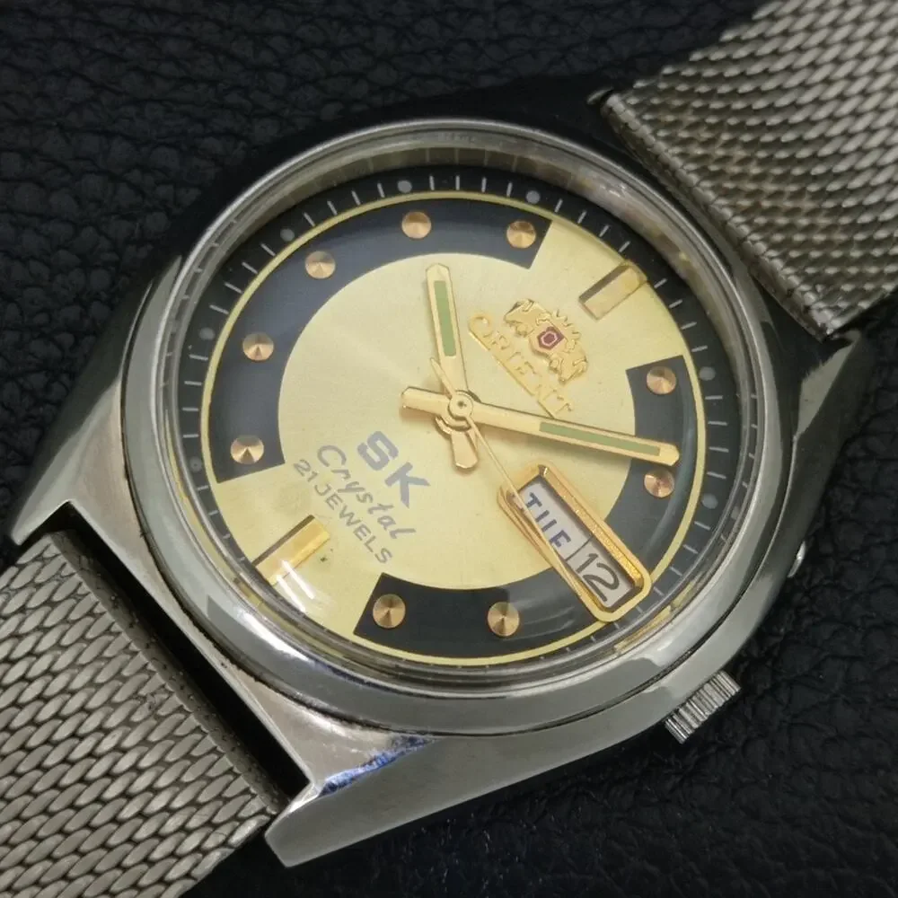 Vintage 1970 Orient Automatic Mens Silver Watch W/daydate & Gold accents